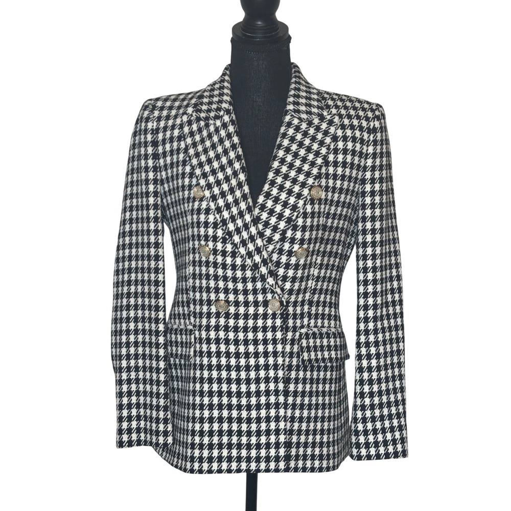 Zara Womens Houndstooth Double Breasted Blazer Gold Button Black White Size S